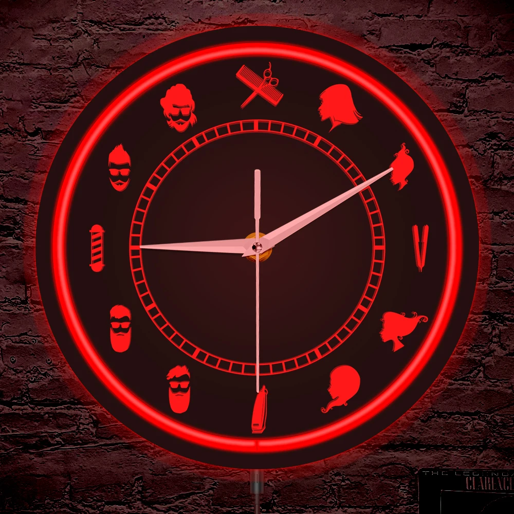 

Barber Shop Tools Glowing Wall Clock with LED Backlight Hair Beauty Salon Neon Light Sign Metal Frame Illuminated Wall Clock
