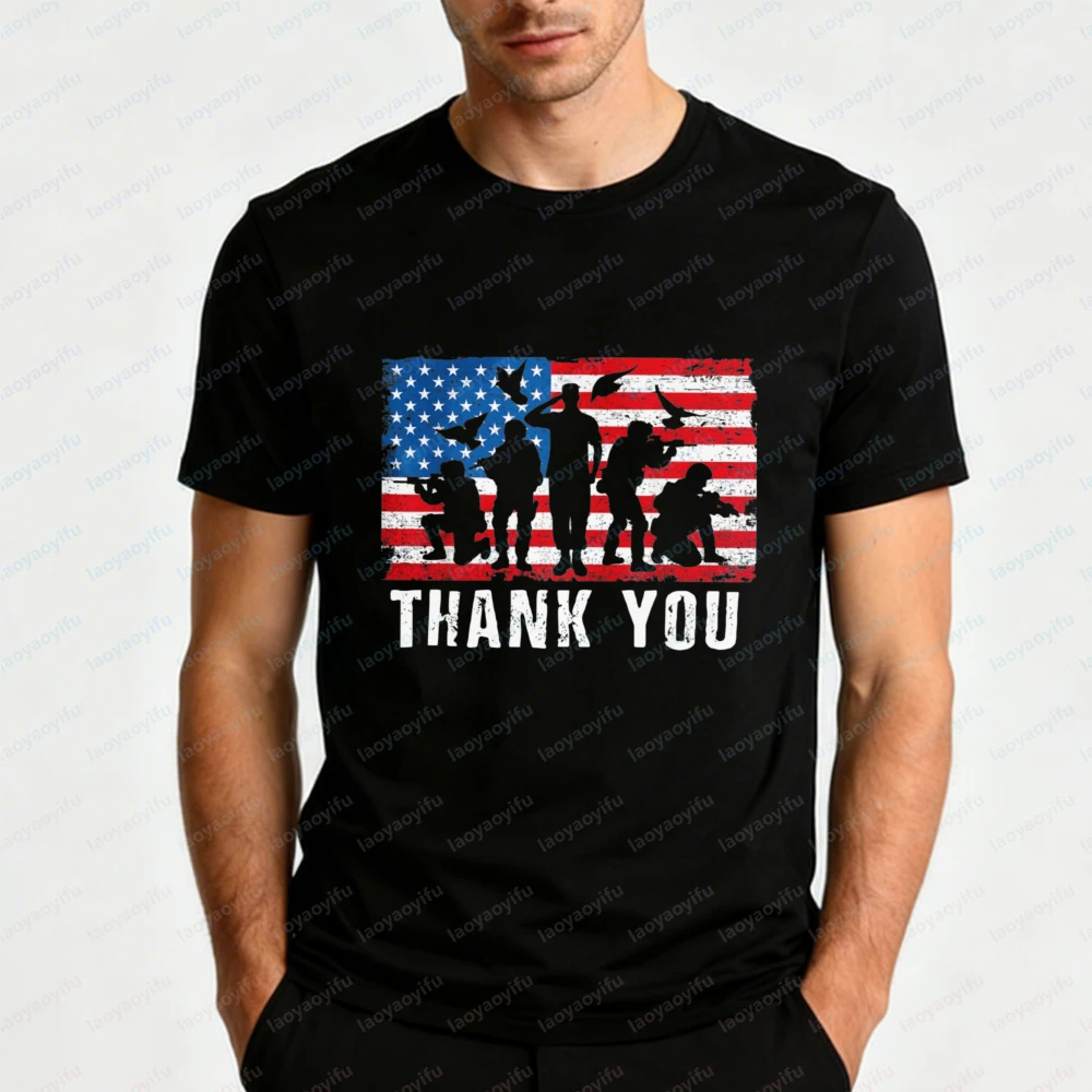 

Veterans Day T-Shirt Homme Thank You Veterans Tops Soldier Silhouette Patriotic Vintage Classic Casual Style Cotton Tee for Men