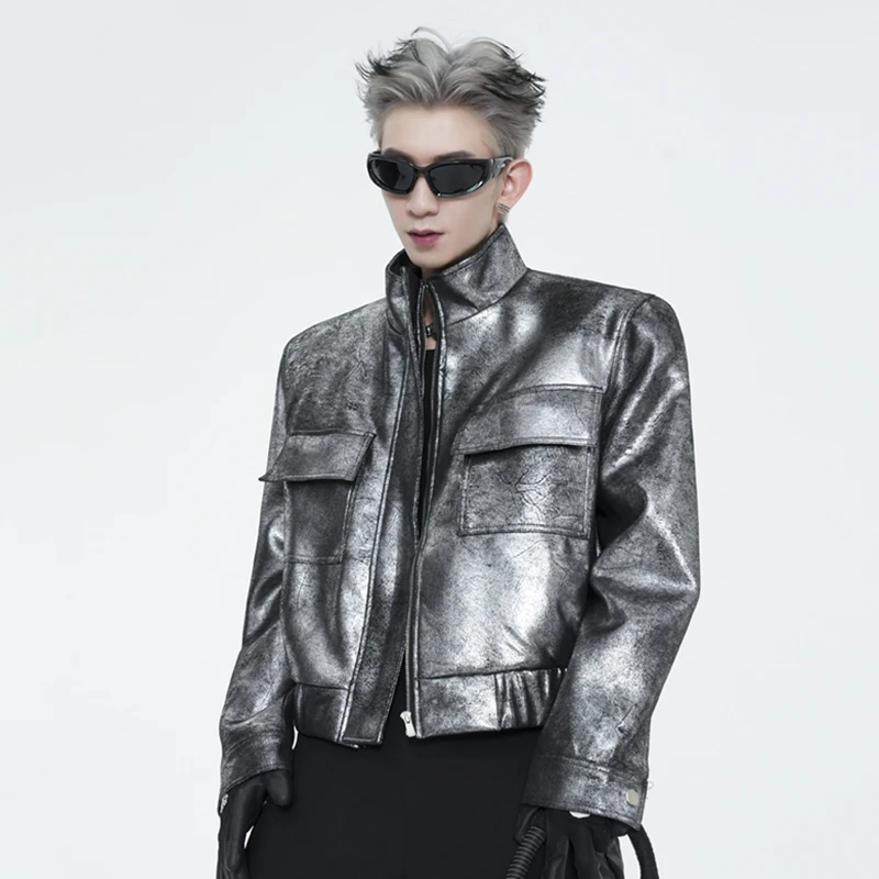 MWJQ Silver Short Male Motorcycle Jacket Shoulder Pad Stand Collar High Street Fashion High Sense Spring Autumn New Tops 010075