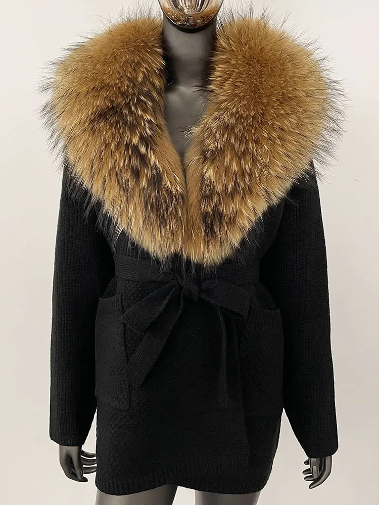2025 Spring Autumn Natural Fox Fur Sweater Belt Knitted Oversized Knitted Cardigan Women Solid Real Fur Knitwear Female