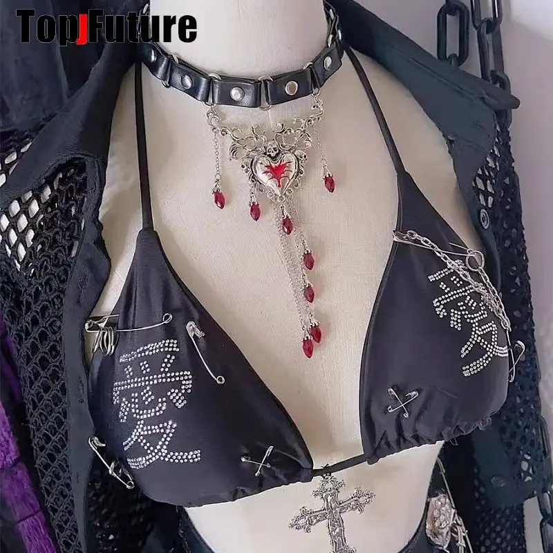 Women Gothic Lolita Punk Harajuku Streetwear Y2K Girl Cross Bikini Trim Crop Tops Rivet Skeleton Metal Chain Steampunk Tank Top