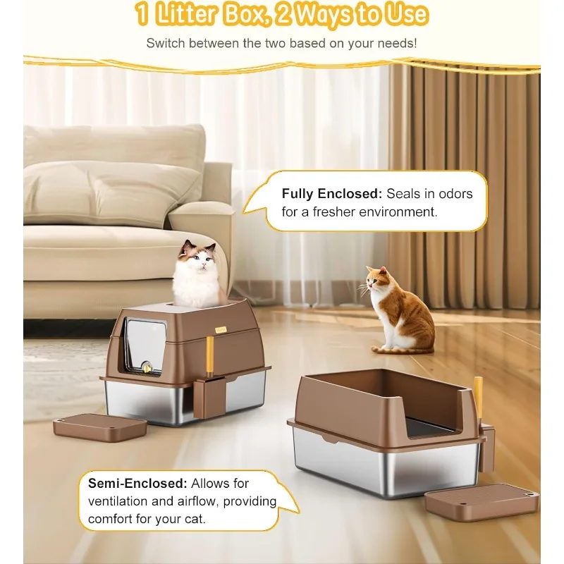 Stainless Steel Litter Box with Lid, XL Litter Boxes for Big Cats and Multiple Cats, Extra Large Metal Cat Litter Box with