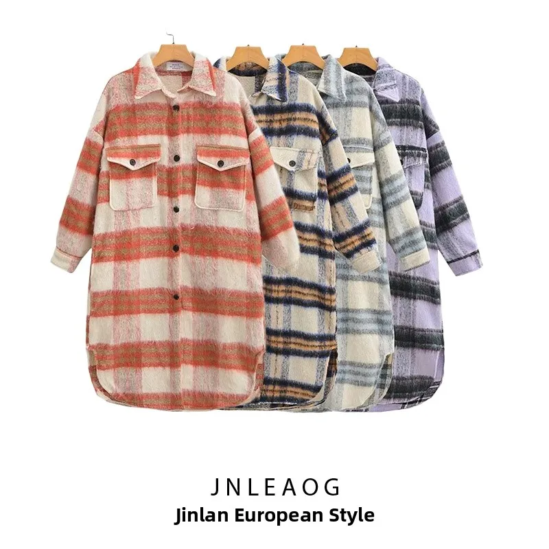 

JNLEAOG, осеннее новое модное уличное женское шерстяное пальто в клетку, длинное пальто из полиэфирного волокна, универсальный дизайн Ele