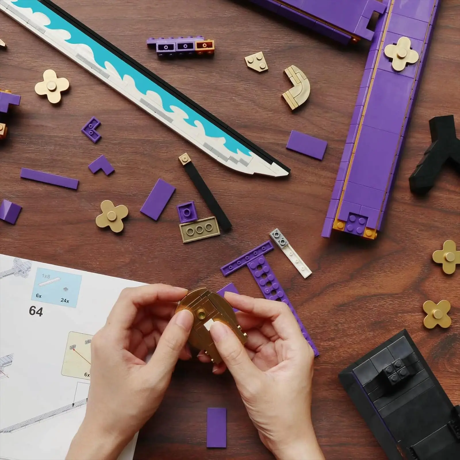 Juego de construcción de espadas para Cosplay de Anime, 936 Uds., una espada púrpura Enma Zoro de 38,8 pulgadas con vaina y soporte para adultos y niños