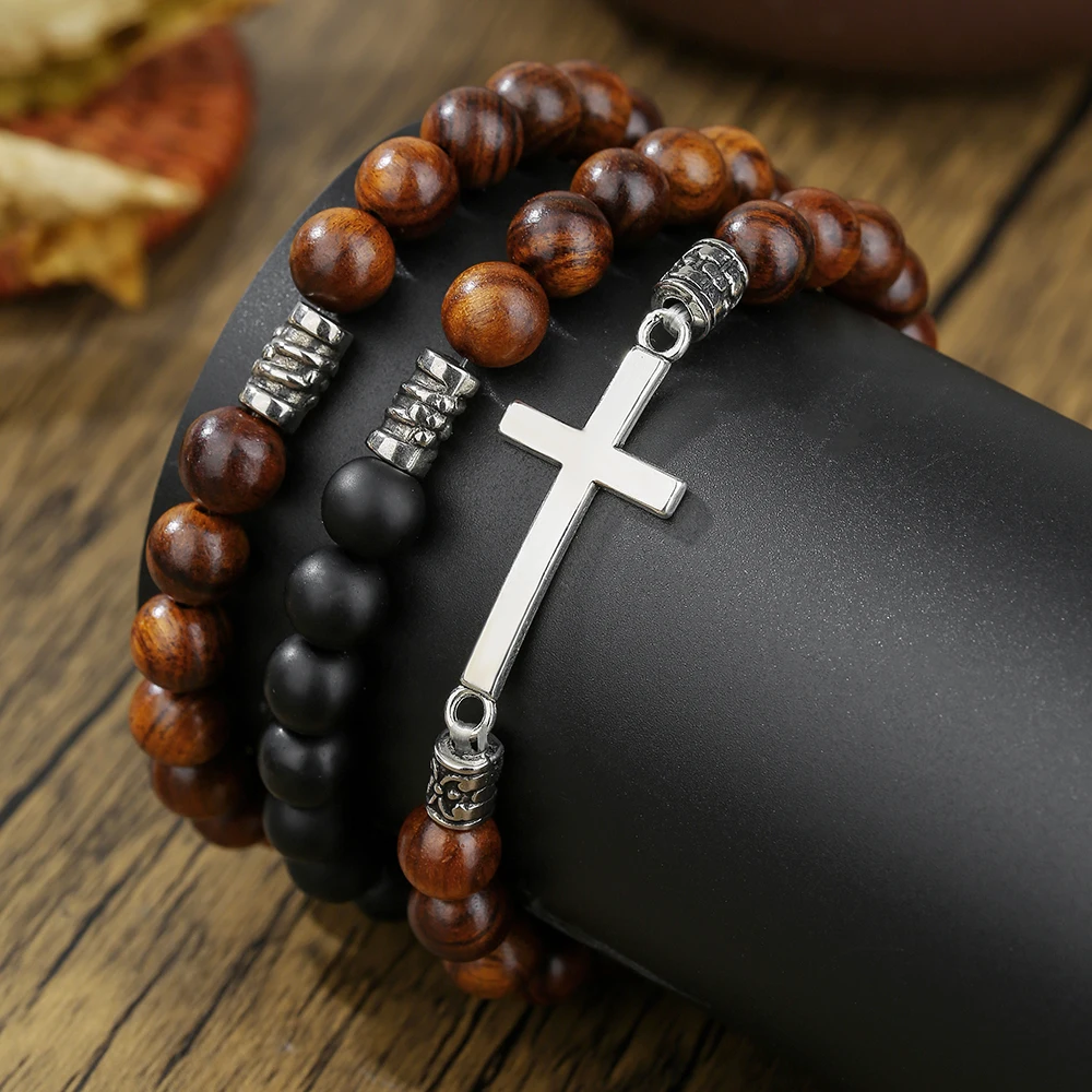 

Vintage Tiger Eyes Frosted Stone Multi-layer Stacking Bracelet Set For Men Handmade Elastic Beaded Bangle Punk Cross Jewelry