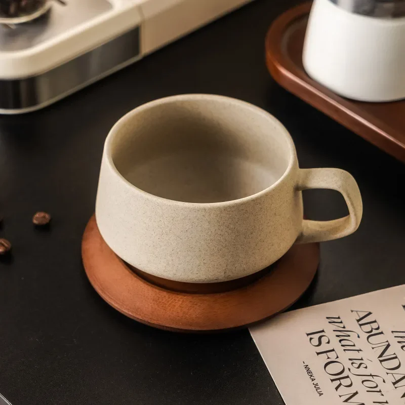 Coarse Pottery Ceramic Coffee Cup with Wooden Saucer 240ml Afternoon Tea Dessert Cup Art Breakfast Dessert Milk Cup Couple's Mug