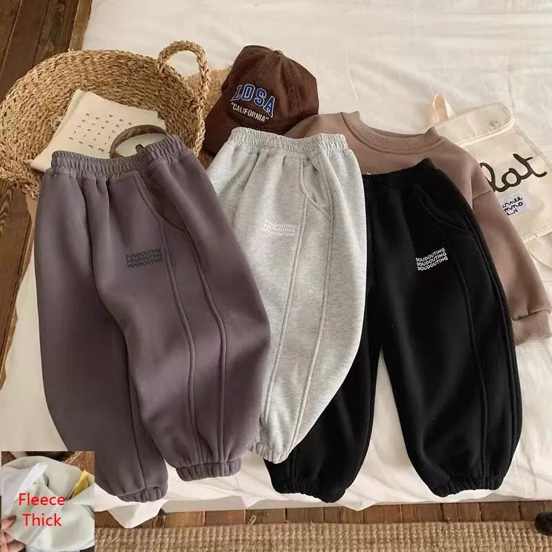 Children Plus Velvet Pants Autumn Winter Thick Trouser Solid Color Boys Casual Pants Sport School Baby Pants
