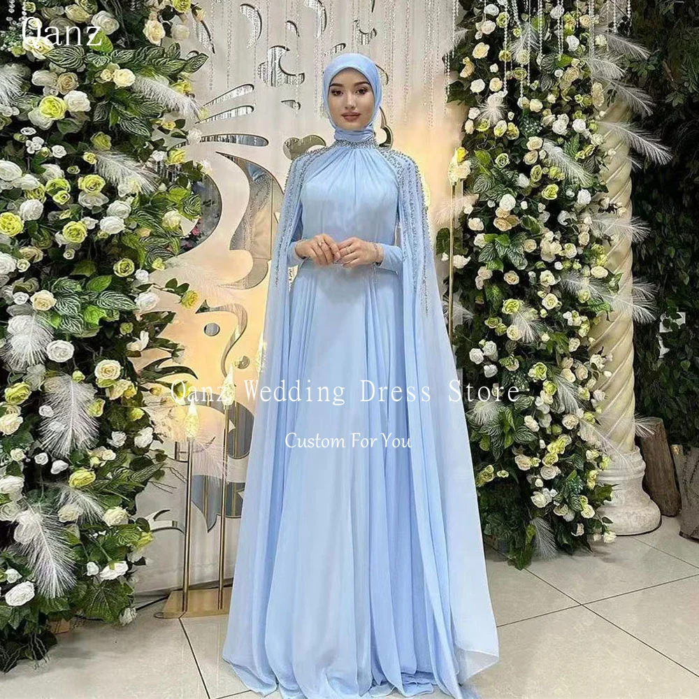

Qanz Sky Blue Muslim Evening Dress Customized Women Beads Long Cape Sleeves Chiffon High Neck Formal Occasion Dress Prom Gowns