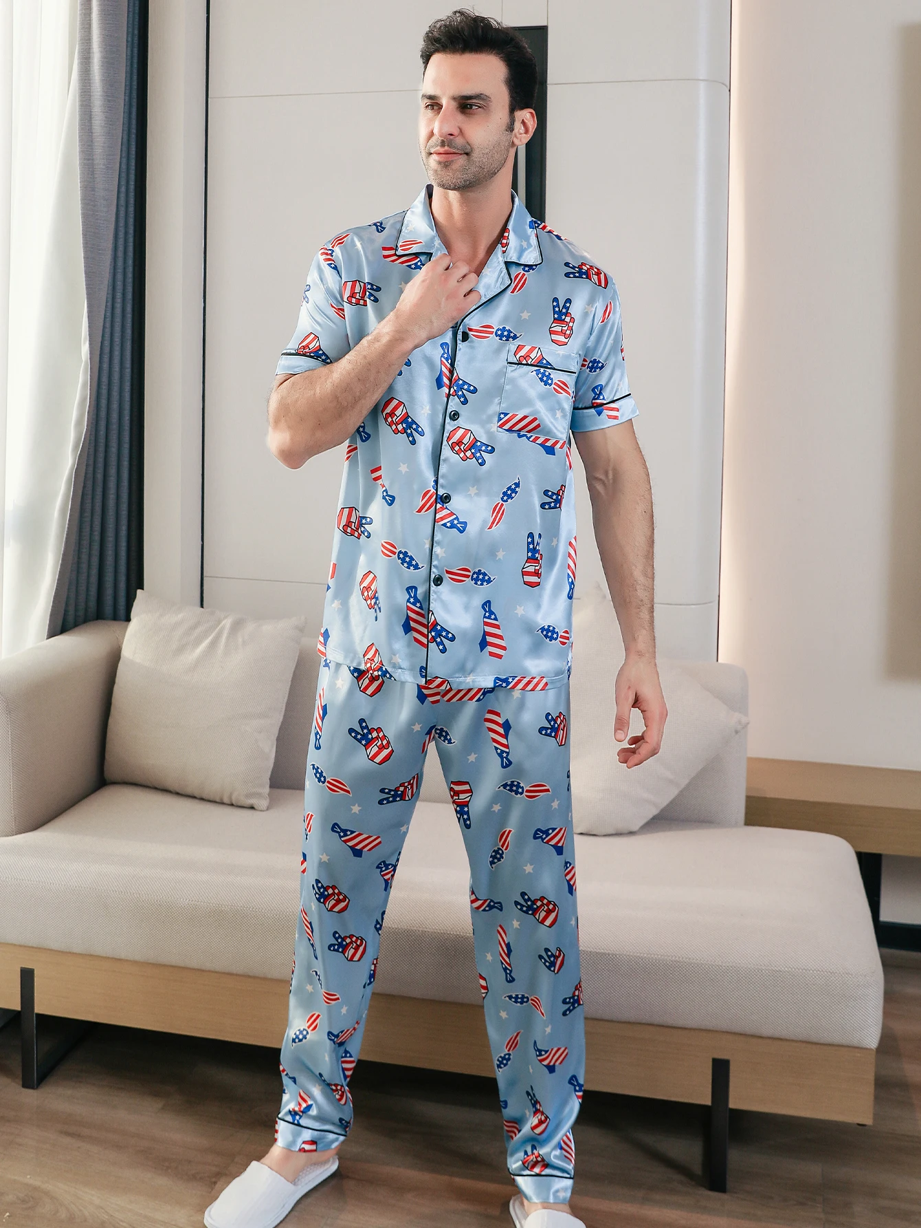 Conjunto de pijama de dos piezas para hombre pantalones de manga corta de verano ropa de casa con estampado de gestos de mano ropa de dormir