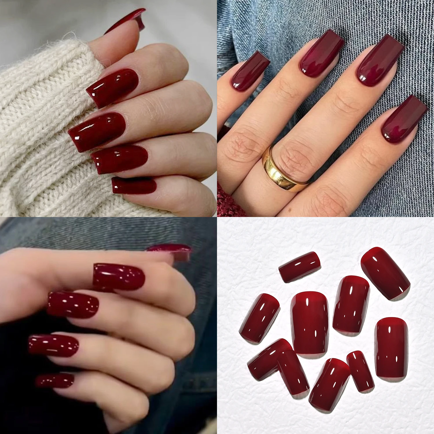 96pcs/120pcs Burgundy Red Press On Nails Glossy Medium Square Full Cover Solid Color False Nails Reusable Acrylic Fake Nail Tips view 4