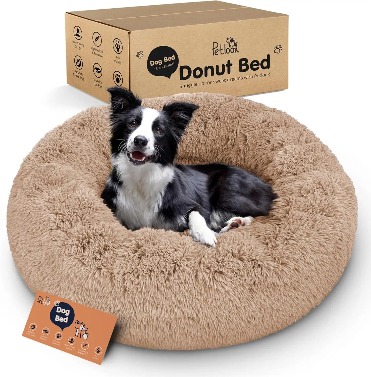 Ultra-Plush Donut Dog Bed for Anxiety Relief, Cozy Round Design in Camel Large