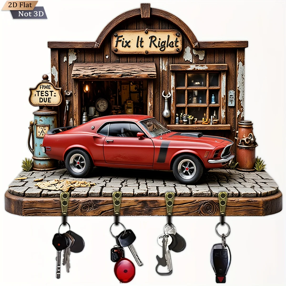 2D 평면, 1개, 빈티지 자동차 키 걸이 나무 다기능 홈 키 홀더, 네 개의 금속 후크 포함, 벽 장식, 현관