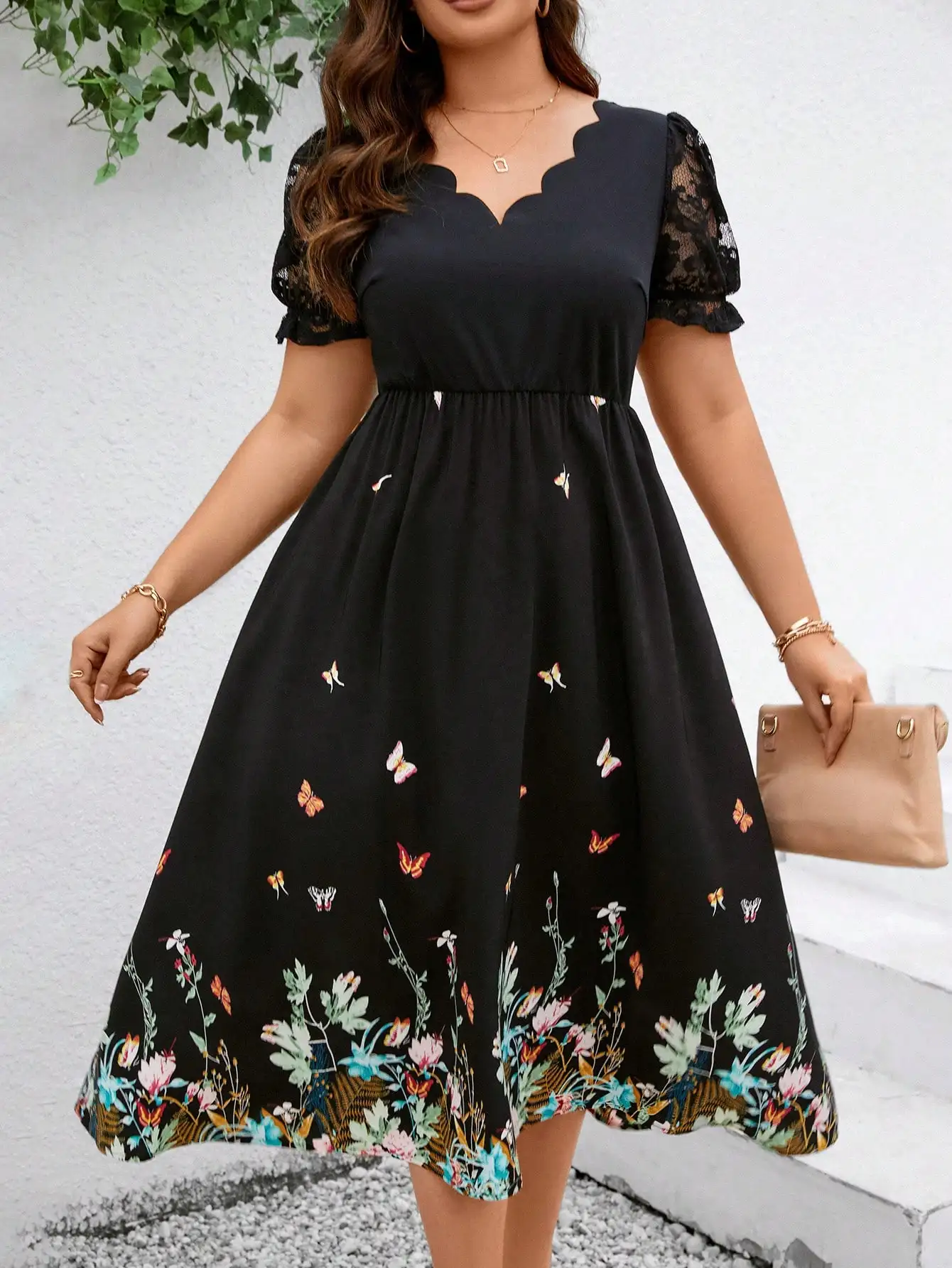 

Plus Size Women Butterfly Floral Print Lace Sleeve A-Line Dress Summer Vacation Outfit