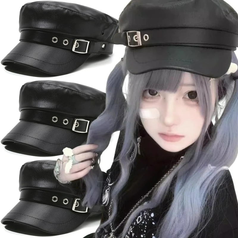 فاسق نمط أسود بولي Leather القبعات الجلدية القوطية قبعات مسطحة موضة خمر قبعة واقية من الشمس إنجلترا شقة Y2k الفتيات الهيب هوب قبعة البيريه #1