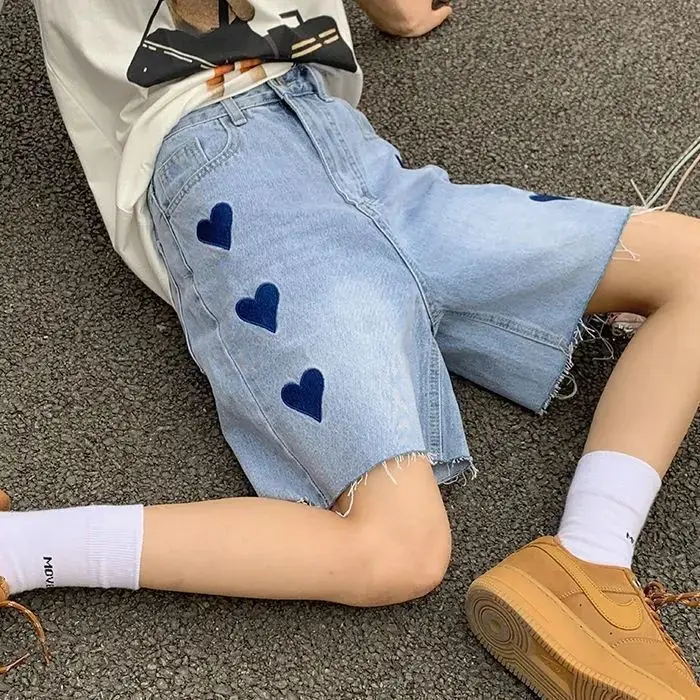 

Cutecore Heart Embroidery Denim Short Pants Youth Women Summer High Waist Wide Leg Jorts 2000s Clothes Y2k Baggy Jeans Female