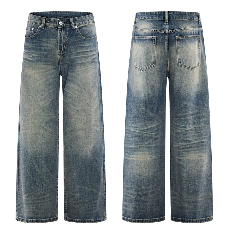 Calças Jeans Retrô Americanas Lavadas Unissex com Perna Reta Larga e Solta, Tendência Jovem Primavera Outono
