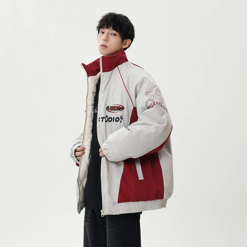 

plus Size American Sle Contrast Color Motorcycle Jaet Men's Loose Fit Spring Autumn Student Outerwear Stand Collar Jeans