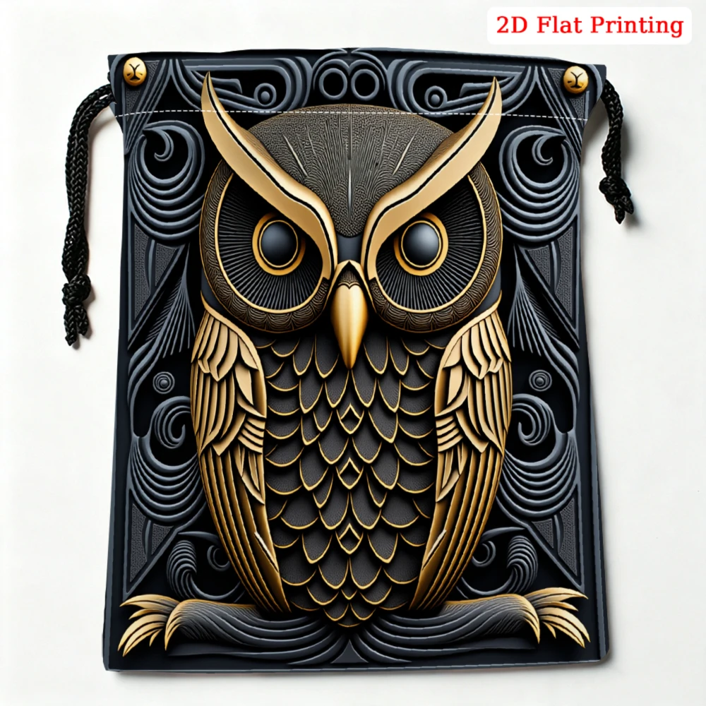 1Pc Retro Owl Print Drawstring Bag Black And Gold 2D Flat Printing Storage Small Pouch Portable Travel Organizer For Glasses Cos