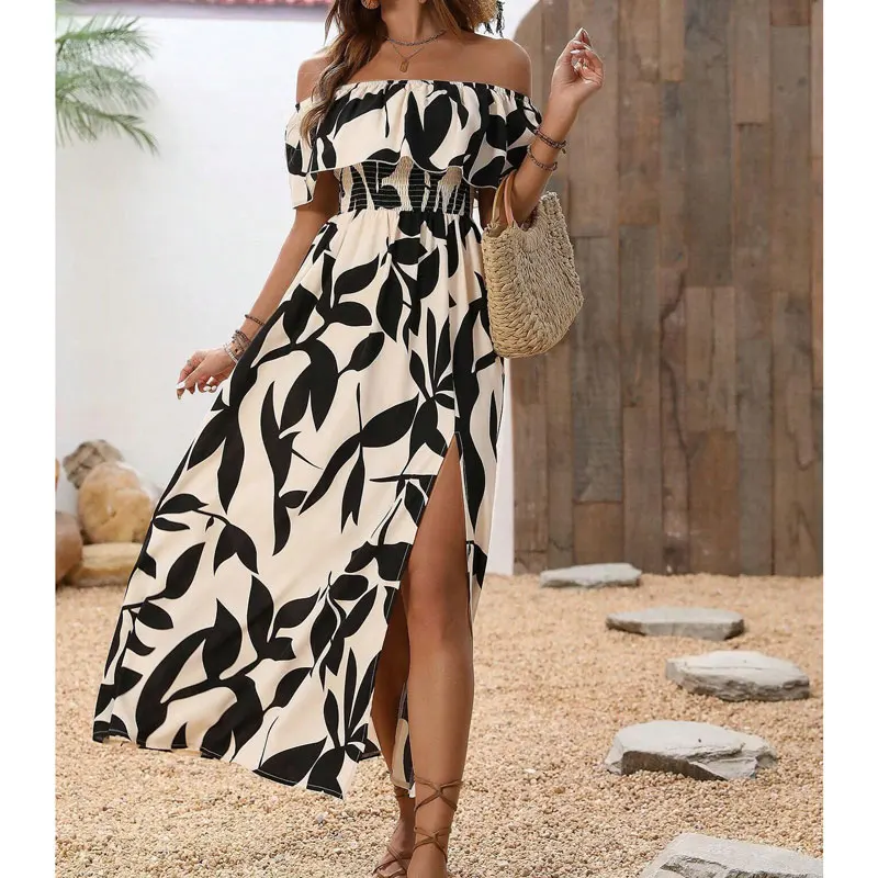Ladies Casual Long Skirt High Waist Slit Design Fashionable Summer Clothing Commuting Vacation Wear Plant Floral Polyester
