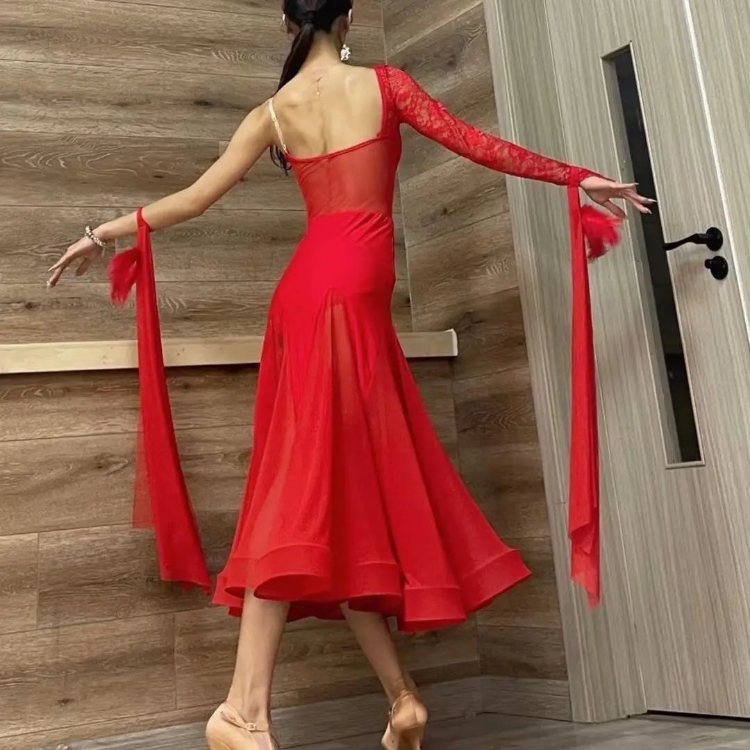 Vrouwen Nationale Standaard Dans Jurk Enkele Mouw Moderne Dans Kleding Sexy Grote Schommel Ballroom Danswedstrijd Jurk DN22410