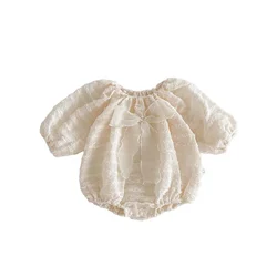 2024 Autumn Boutique Lace Gauze Big Bow Baby Girl's One Piece Bodysuit Sweet Simple Princess Baby Girl Jumpsuit Clothing