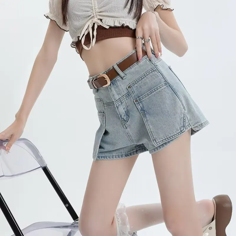 High Waist Solid Denim Shorts Women Sexy Slit Jeans Summer Fashion Streetwear Harajuku Casual Slim A Line Hot Pants