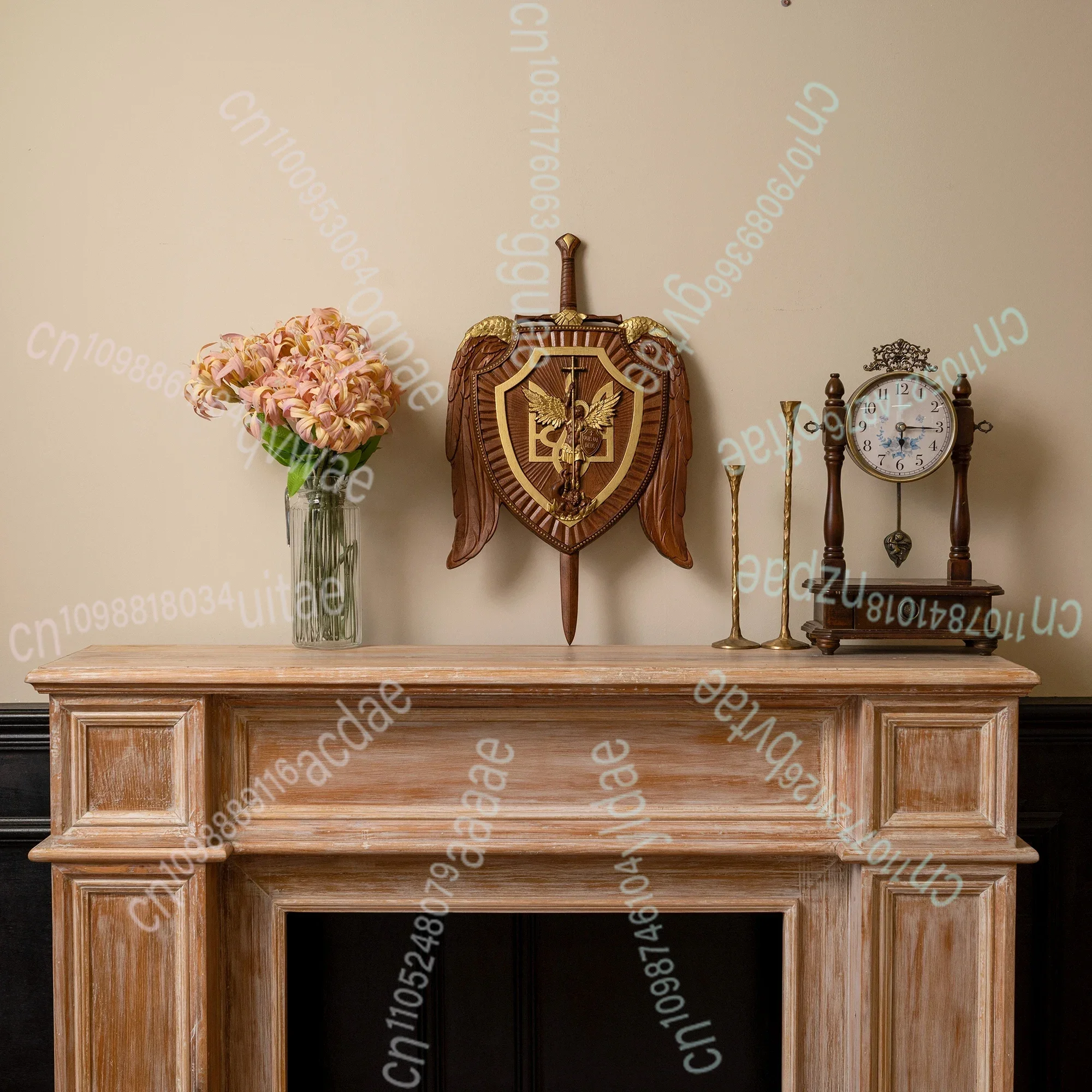 السيف المقدس رئيس الملائكة مايكل شيلد نحت الخشب، ديكور معلق على الحائط المسيحي، فن أيقونة خشبية