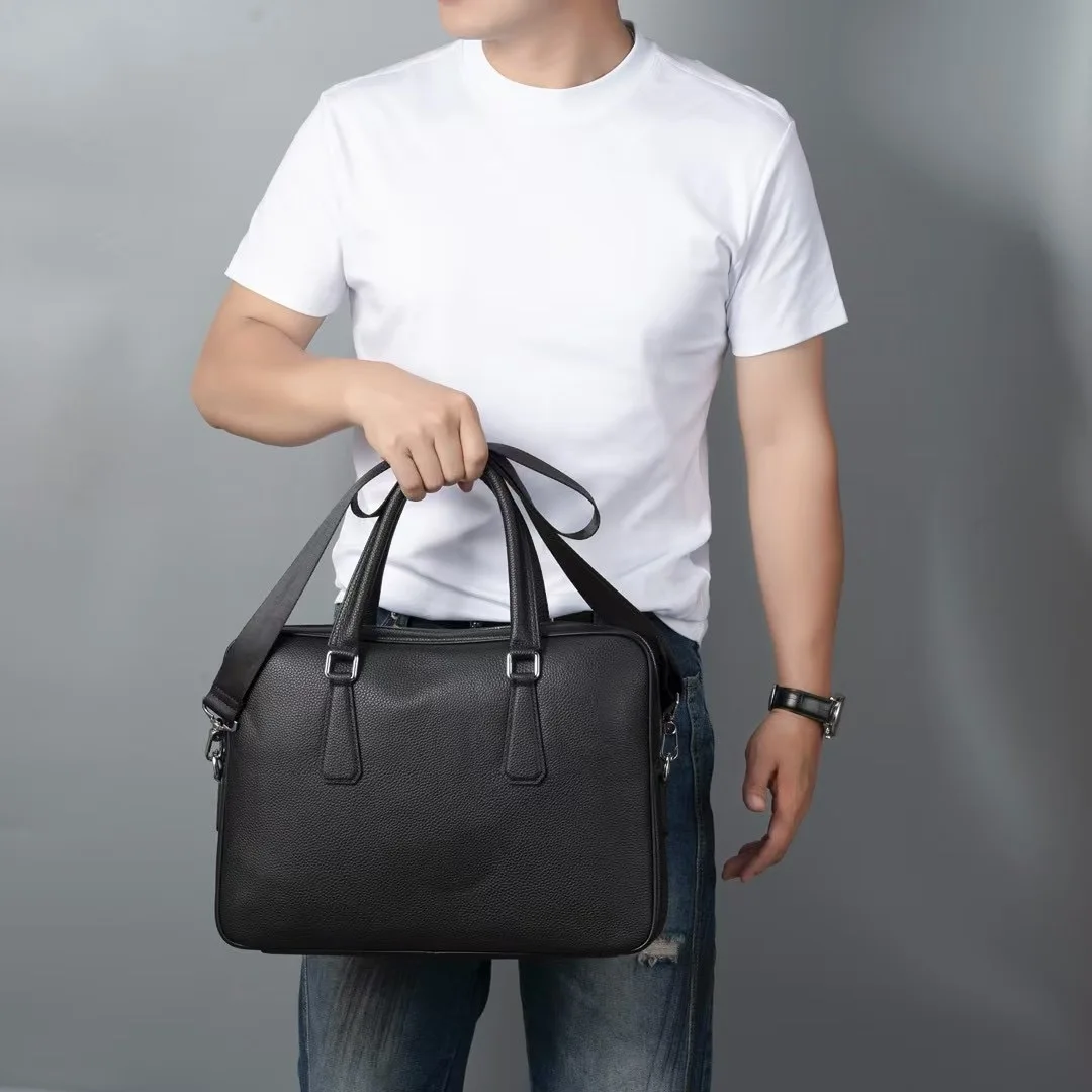 Double Zipper Briefcase Men Bag Genuine Leather Shoulder Bag 14 inch Laptop Bags Large Capacity Handbag Business Men's Briefcase