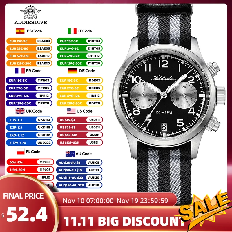 

ADDIESDIVE Men's Watches Retro Panda Dial Quartz Watch Men Japan VK64 Chronograph Sapphire glass Wrist Watch Men 2025 New AD2538