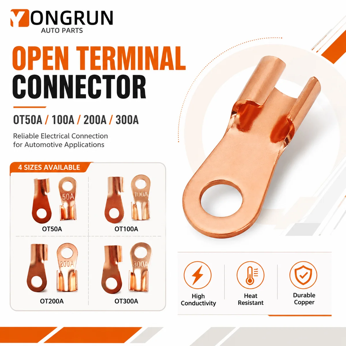 YONGRUN Copper OT Terminal Non-Insulated Wire Connector Bare Electrical Cable Terminals Lug Battery Ring Crimp Terminal 50A-300A
