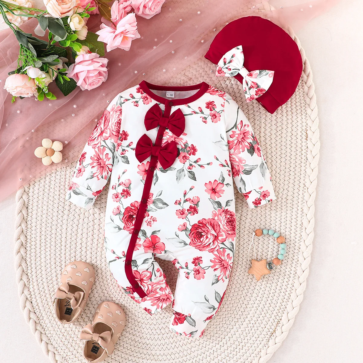 

2024 New Winter Infant Newborn Boys Romper Long Sleeve Print Floral Bow Red Rompers Clothes Outfits 1-18M