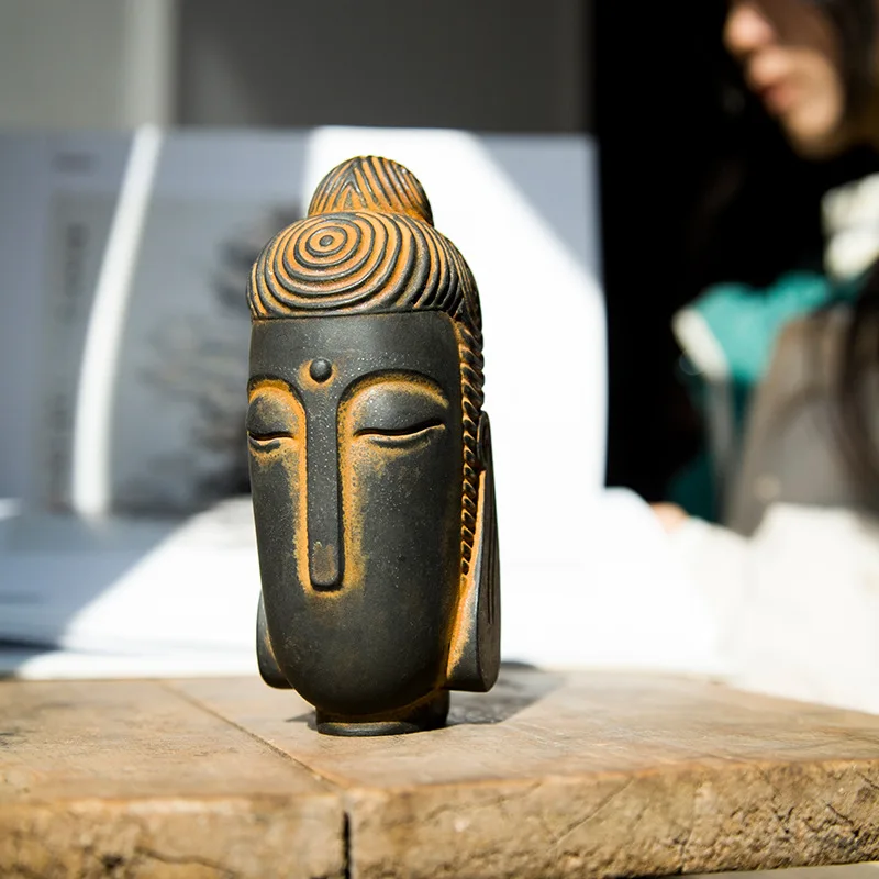Creative Chinese style Faceless Buddha Head statue for Decor, Simulation Resin Crafts Office Wine Cabinet Study Living Room, 1Pc