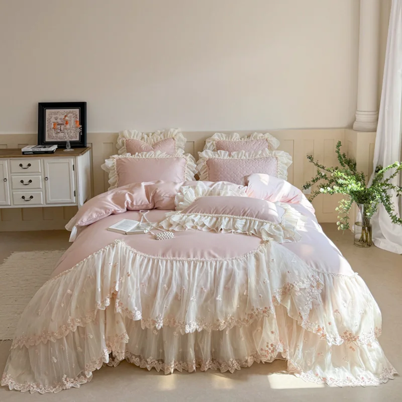 Pink Egyptian Cotton Princess Bedding Set Korean Style Lace Flowers Embroidery Ruffles Duvet Cover Bed Sheet Pillowcases