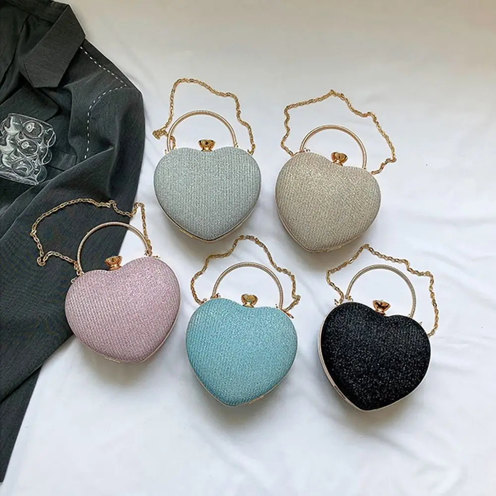 Evening Clutch Bag Women Bag Shiny Handbag Heart Shape Metal Clutches Bag Fashion Chain Shoulder Crossbody Bag Luxury Lady Purse