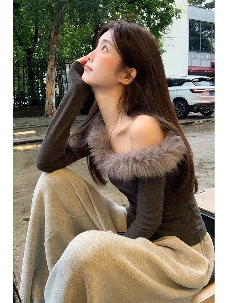 

Вязаный свитер с меховым воротником и асимметричным вырезом на плече, женский, приталенный, с длинными рукавами, уникальный и красивый, для осени и зимы