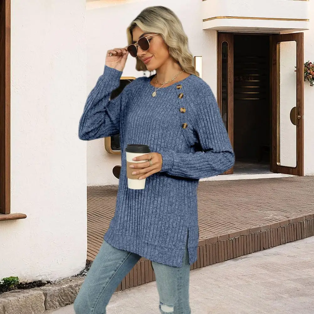 

Button Detail Women Shirt Stylish Women's Long Sleeve Tee with Button Detail Side Slits Casual Round Neck Ribbed for Everyday