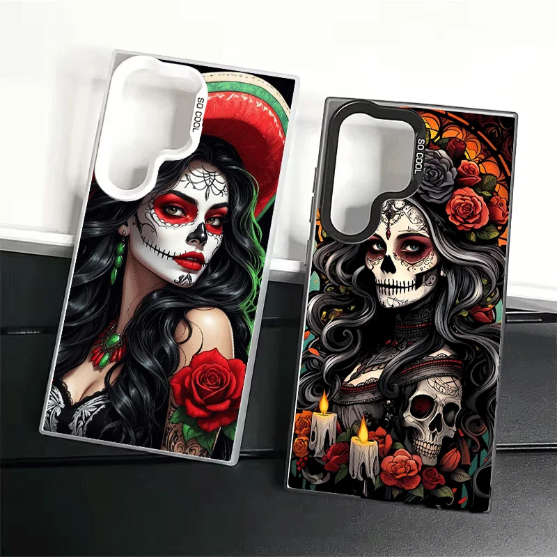 Catrina Beautiful Rose Girl Skull Soft Phone Case for Samsung Galaxy S24 S25 FE S26 Edge S23 Ultra S22 Plus S21 + Shockproof Cov
