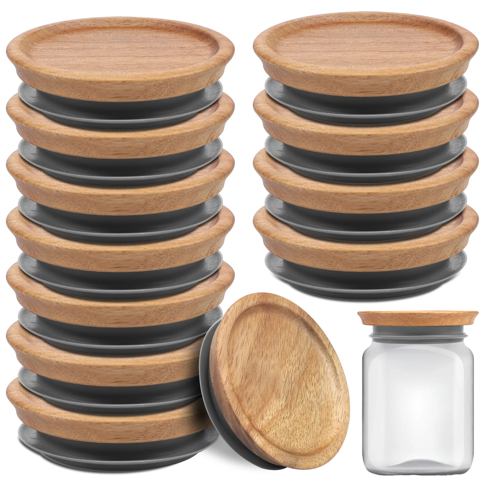 

12Pcs Wooden Storage Lids Set Airtight Acacia Wood Canning Jar Lids with Silicone Sealing Rings Reusable Canning Covers Wooden