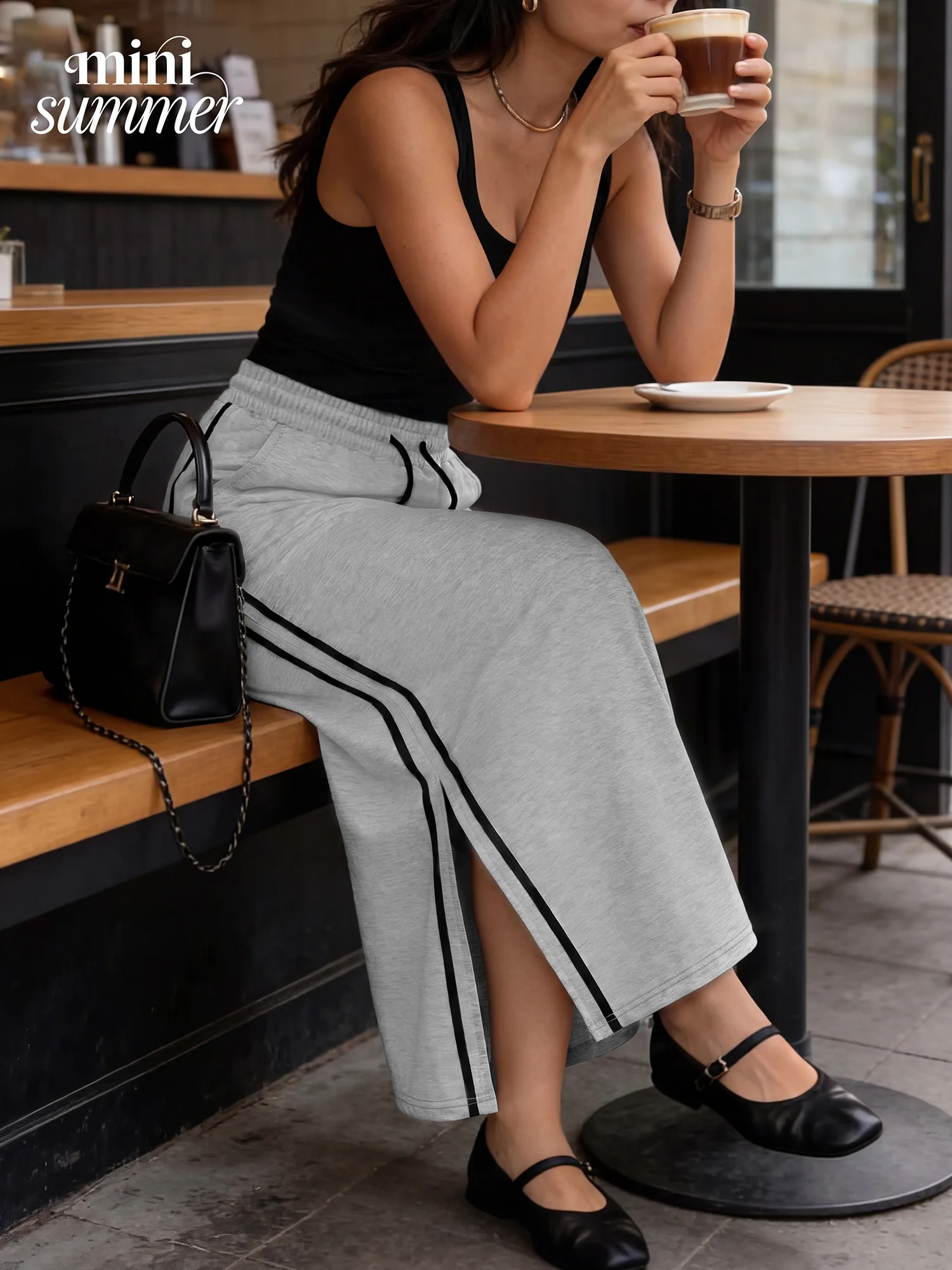 Breathable Sweat Midi Skirt, Side Slit & Stripes, Spring Autumn Travel & City Sightseeing Outfit