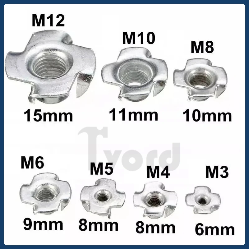 

100PCS/lot M3 M4 M5 M6 M8 M10 Thickened Steel Four Claws Speaker Nut Blind Pronged Insert T-Nut for Wood Furniture