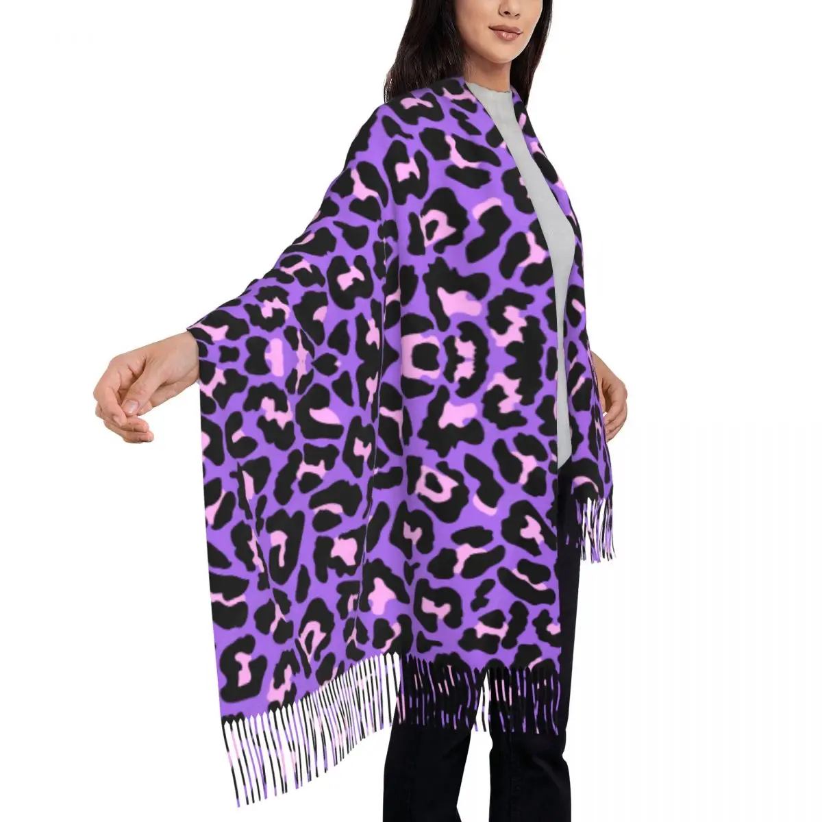 Neon Purple And Pink Leopard Seamless Pattern Scarf Women Fashion Winter Shawl Wraps Animal Cheetah Tassel Wraps