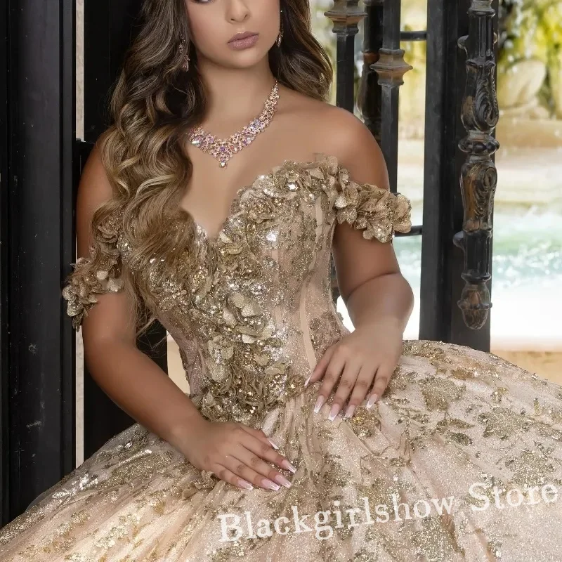 Champagne Chapel Train Princess Quinceanera Dresses Elegant  Applique Crystal Beaded Long Sweet 16 Dress Vestidos De Fiesta