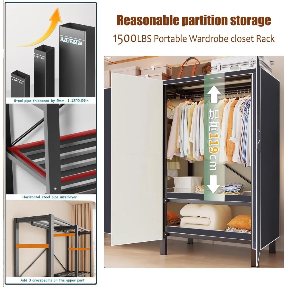 Portable Heavy-Duty Metal Clothes Rack with Magnetic Door, Foldable Covered Wardrobe System for Hanging Clothes and Storage