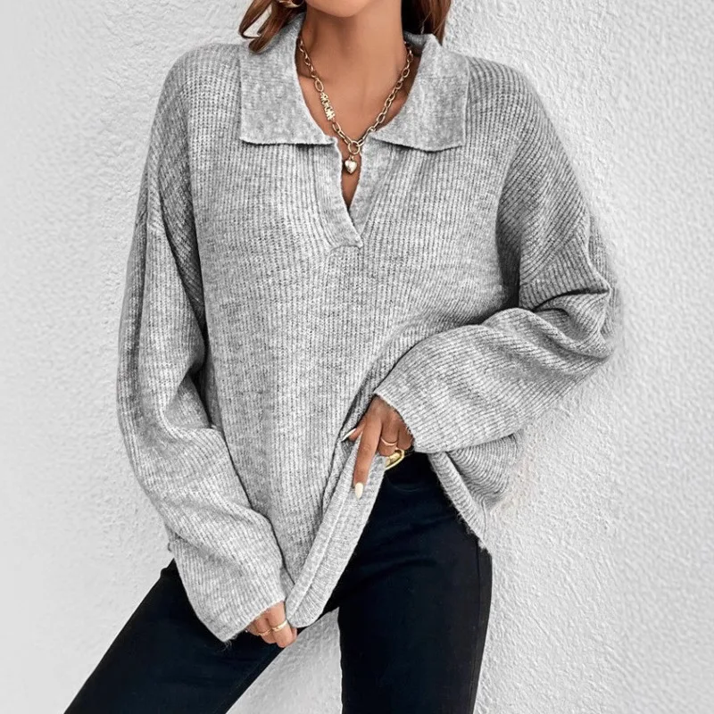

Модный мягкий вязаный свитер, женский повседневный удобный однотонный свободный повседневный модный пуловер с лацканами и длинными рукавами