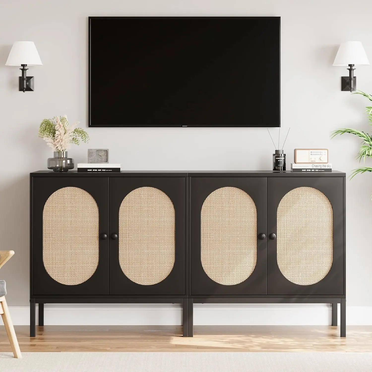 IDEALHOUSE Rattan Buffet Cabinet, Storage Cabinet with Doors and Shelves, Accent Cabinet Sideboard, Black Console Cabinet