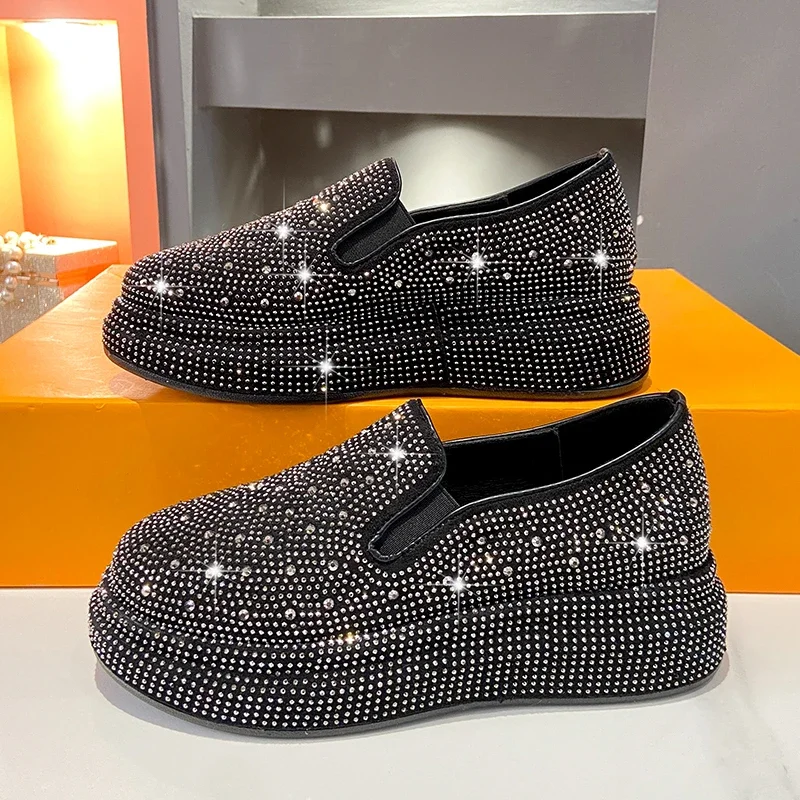 High quality rhinestone loafers for women\'s spring/summer 2024 new versatile sponge cake thick sole flat sole single shoes