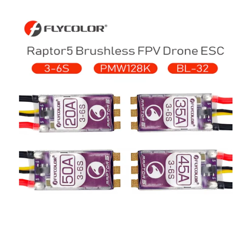 FLYCOLOR Raptor5 Brushless ESC 3-6S Drone ESC 32Bit G701 PWM 128K Single 20A 35A 45A 50A ECS Dshot Proshot for FPV Racing Drones