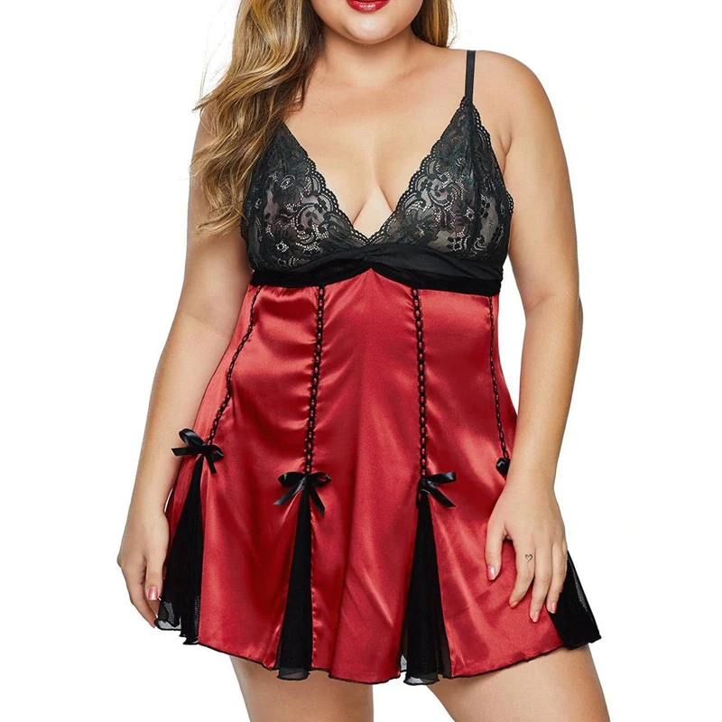 

Plus Size Women Lingerie Sexy Lingerie Set Satin Black Lace Bow Women's Nightdress Home Wear Ladies Sleepwear Nighty Sexys Women