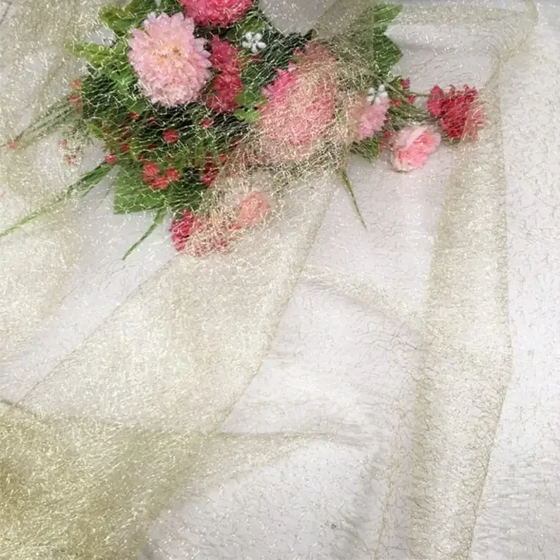 Tela de encaje hueco sinfónico, tela de tul de malla dorada y plateada para vestido tutú de bebé, vestidos, velo de novia, vestido de fiesta de 1 yarda