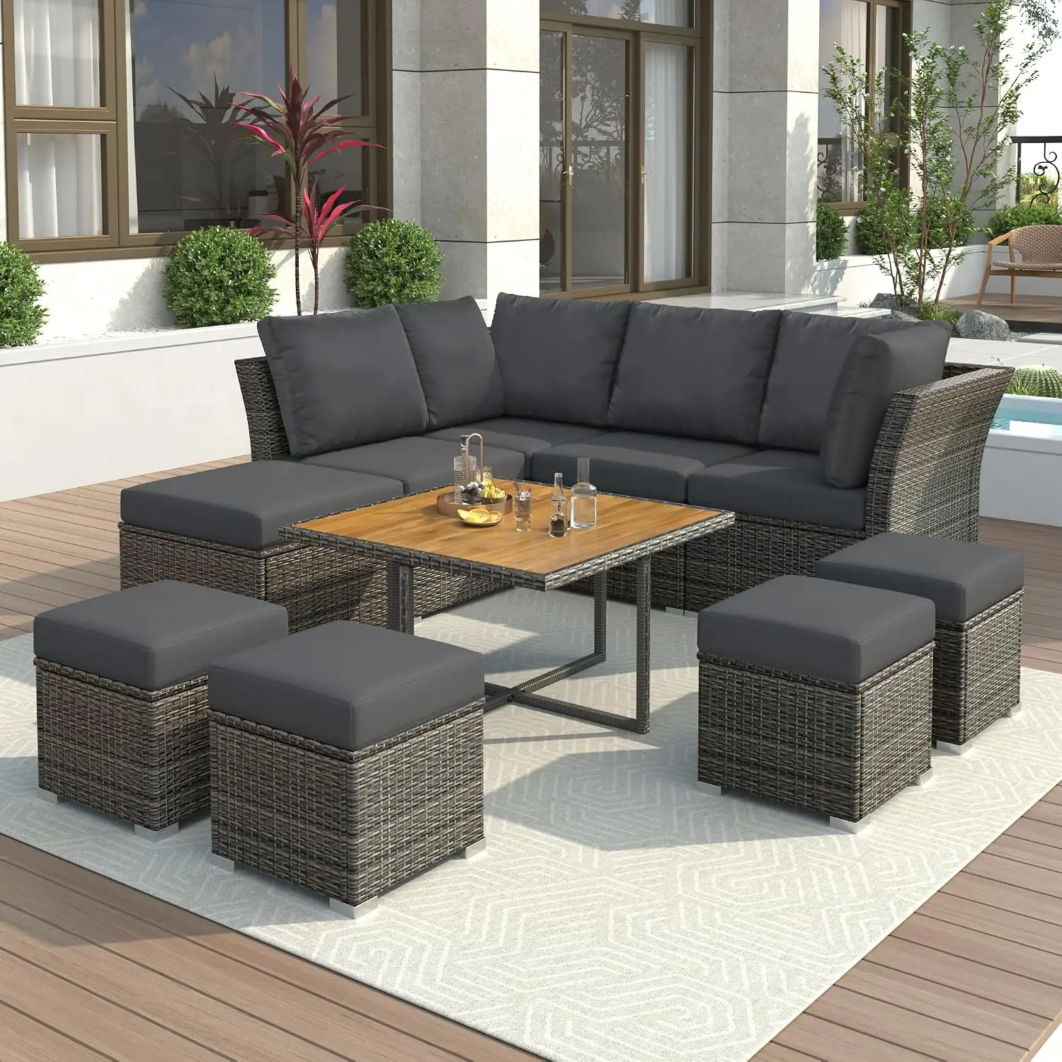 Patio Furniture 10 Pcs Outdoor Conversation Set With Solid Wood Coffee Table & Ottomans, Customized
